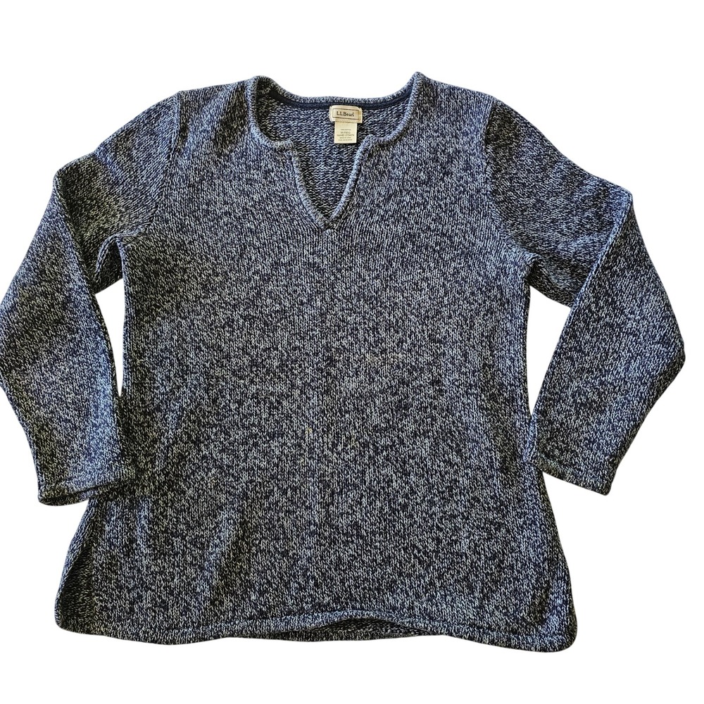 LL Bean Women's Navy Blue White Marled Cotton Notch Neck Sweater Medium